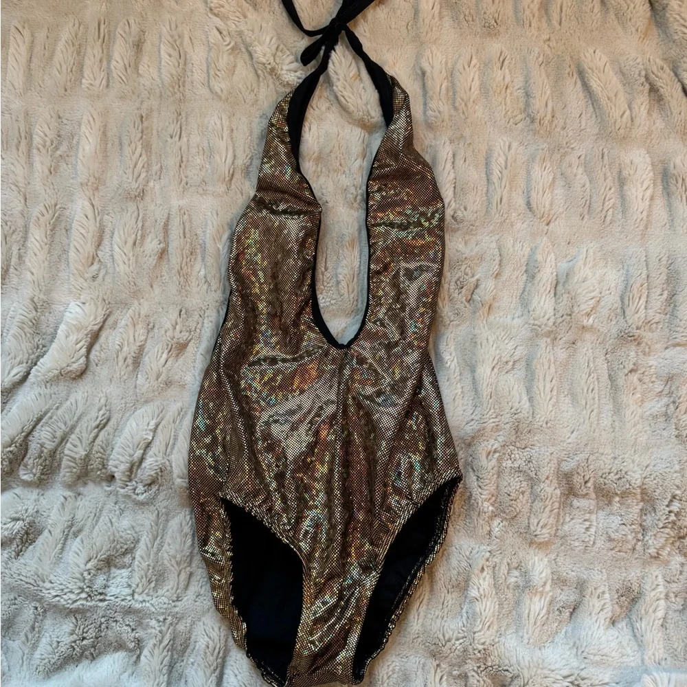 Shimmering Gold Halter rave Mi Gente festival bodysuit - Picture 1 of 3
